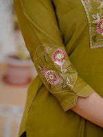 Thumbnail for Lorenvalley Fashion Mehendi Viscose Mango Silk Multi Embroidery Sequins With Hand Work Kurta Pant Dupatta - Distacart