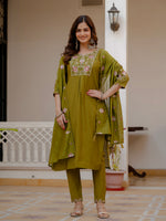 Thumbnail for Lorenvalley Fashion Mehendi Viscose Mango Silk Multi Embroidery Sequins With Hand Work Kurta Pant Dupatta - Distacart