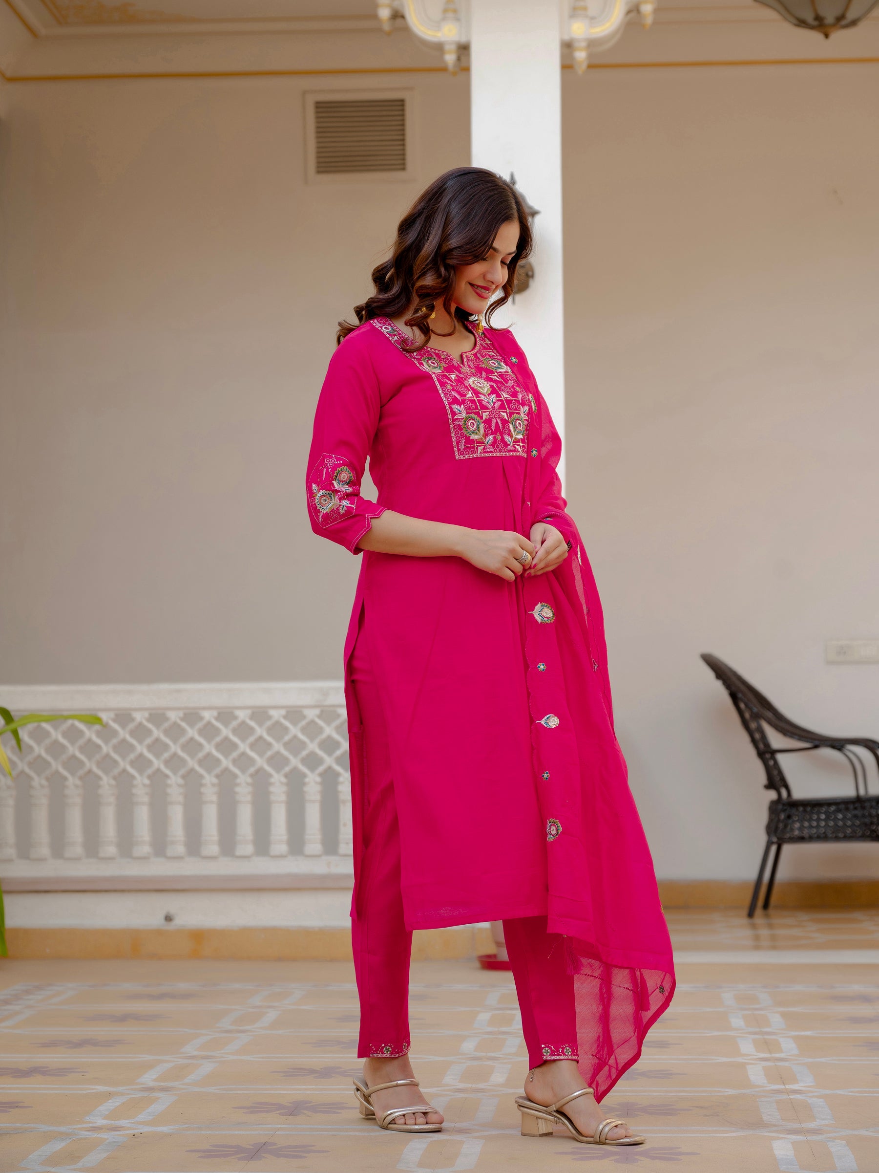 Lorenvalley Fashion Ranipink Viscose Mango Silk Multi Embroidery Sequins With Hand Work Kurta Pant Dupatta - Distacart