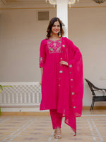 Thumbnail for Lorenvalley Fashion Ranipink Viscose Mango Silk Multi Embroidery Sequins With Hand Work Kurta Pant Dupatta - Distacart