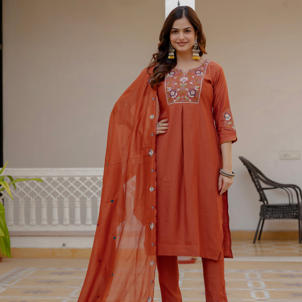 Lorenvalley Fashion Rust Viscose Mango Silk Multi Embroidery Sequins With Hand Work Kurta Pant Dupatta - Distacart