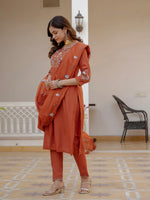 Thumbnail for Lorenvalley Fashion Rust Viscose Mango Silk Multi Embroidery Sequins With Hand Work Kurta Pant Dupatta - Distacart