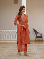 Thumbnail for Lorenvalley Fashion Rust Viscose Mango Silk Multi Embroidery Sequins With Hand Work Kurta Pant Dupatta - Distacart