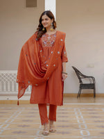 Thumbnail for Lorenvalley Fashion Rust Viscose Mango Silk Multi Embroidery Sequins With Hand Work Kurta Pant Dupatta - Distacart