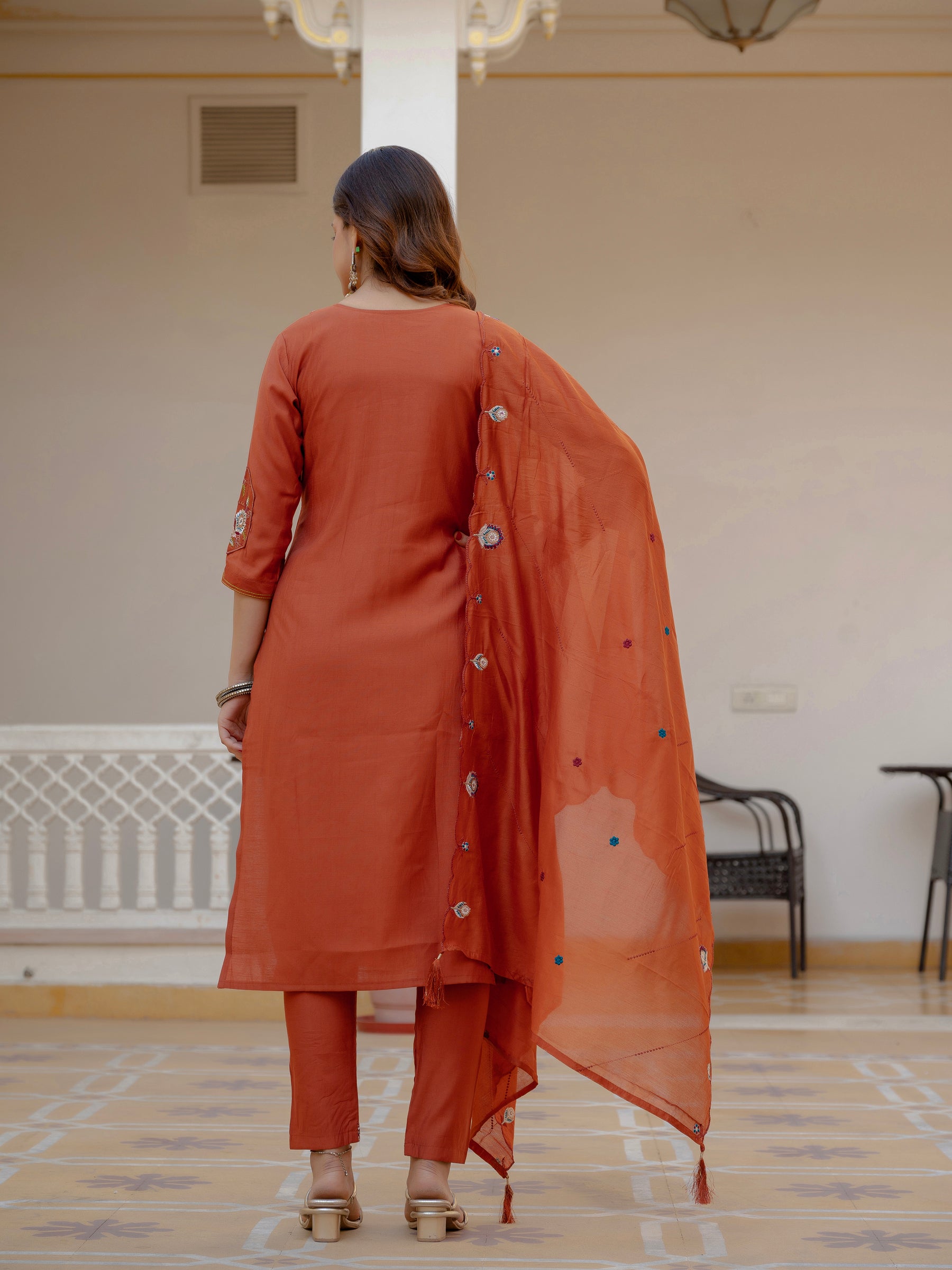 Lorenvalley Fashion Rust Viscose Mango Silk Multi Embroidery Sequins With Hand Work Kurta Pant Dupatta - Distacart