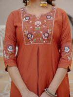 Thumbnail for Lorenvalley Fashion Rust Viscose Mango Silk Multi Embroidery Sequins With Hand Work Kurta Pant Dupatta - Distacart