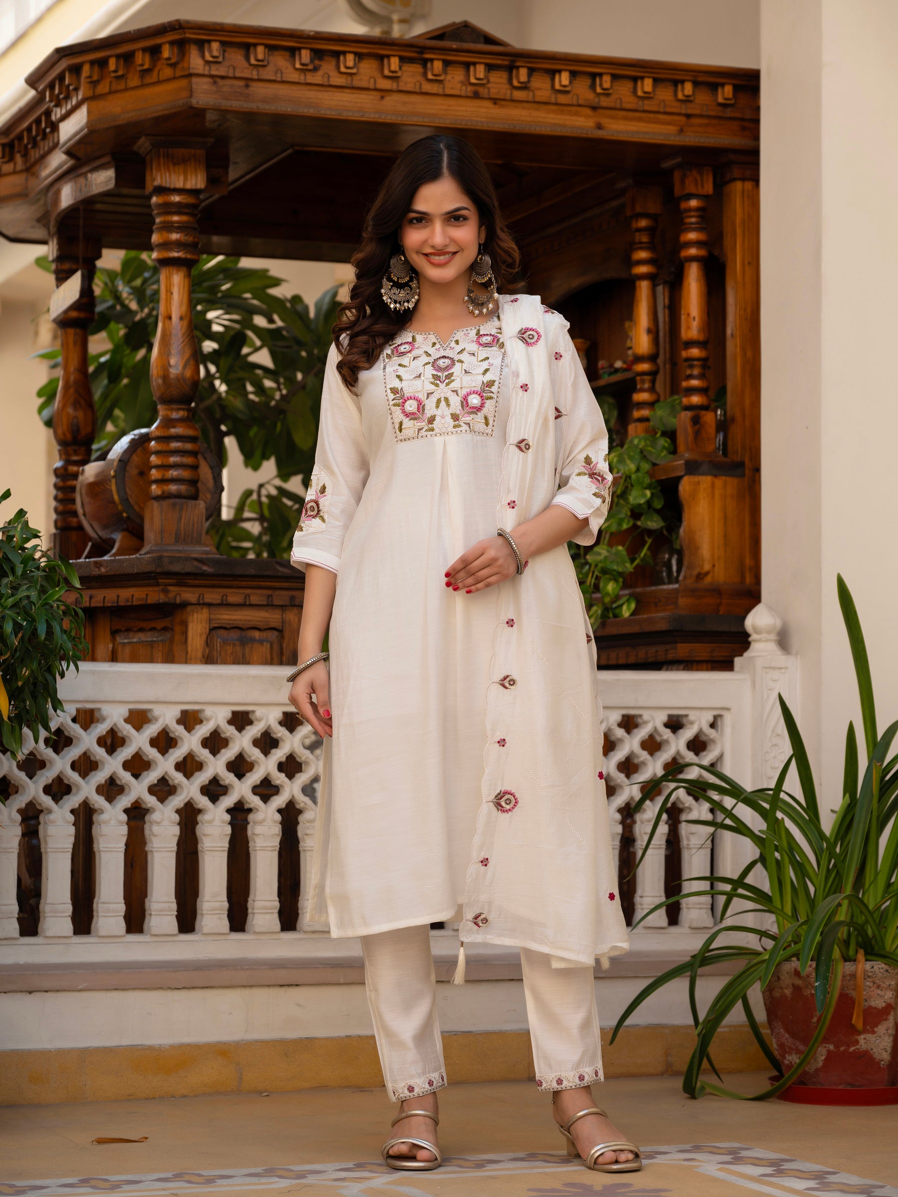 Lorenvalley Fashion White Viscose Mango Silk Multi Embroidery Sequins With Hand Work Kurta Pant Dupatta - Distacart