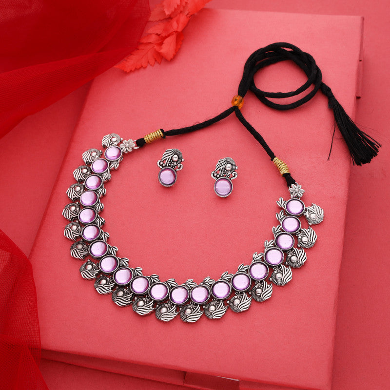 Tehzeeb Creations Silver Plated Lavender Colour Stone Jewellery Choker Necklace Set With Matching Pair of Stud Earrings - Distacart