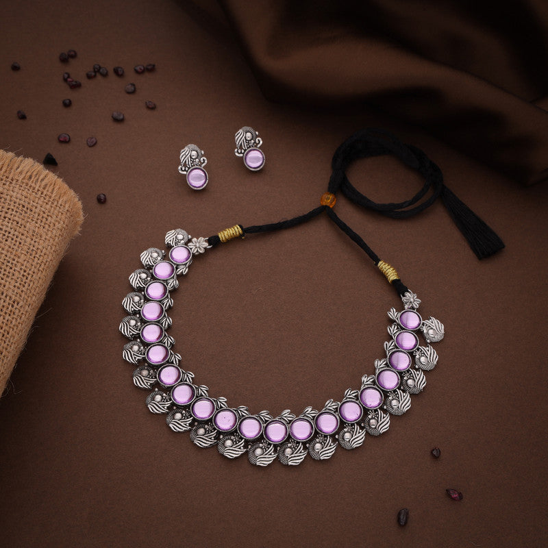 Tehzeeb Creations Silver Plated Lavender Colour Stone Jewellery Choker Necklace Set With Matching Pair of Stud Earrings - Distacart