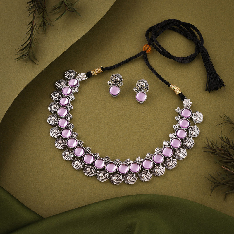 Tehzeeb Creations Silver Plated Lavender Colour Stone Jewellery Choker Necklace Set With Matching Pair of Stud Earrings - Distacart