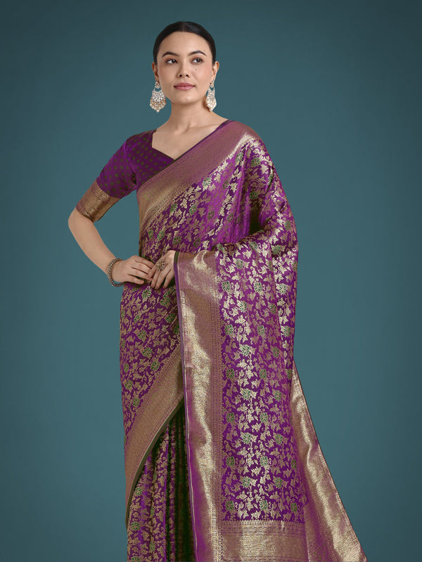 Monjolika Fashion Scintilla Purple Banarasi Satin Silk Meenakari zari weaving Pattern Saree
