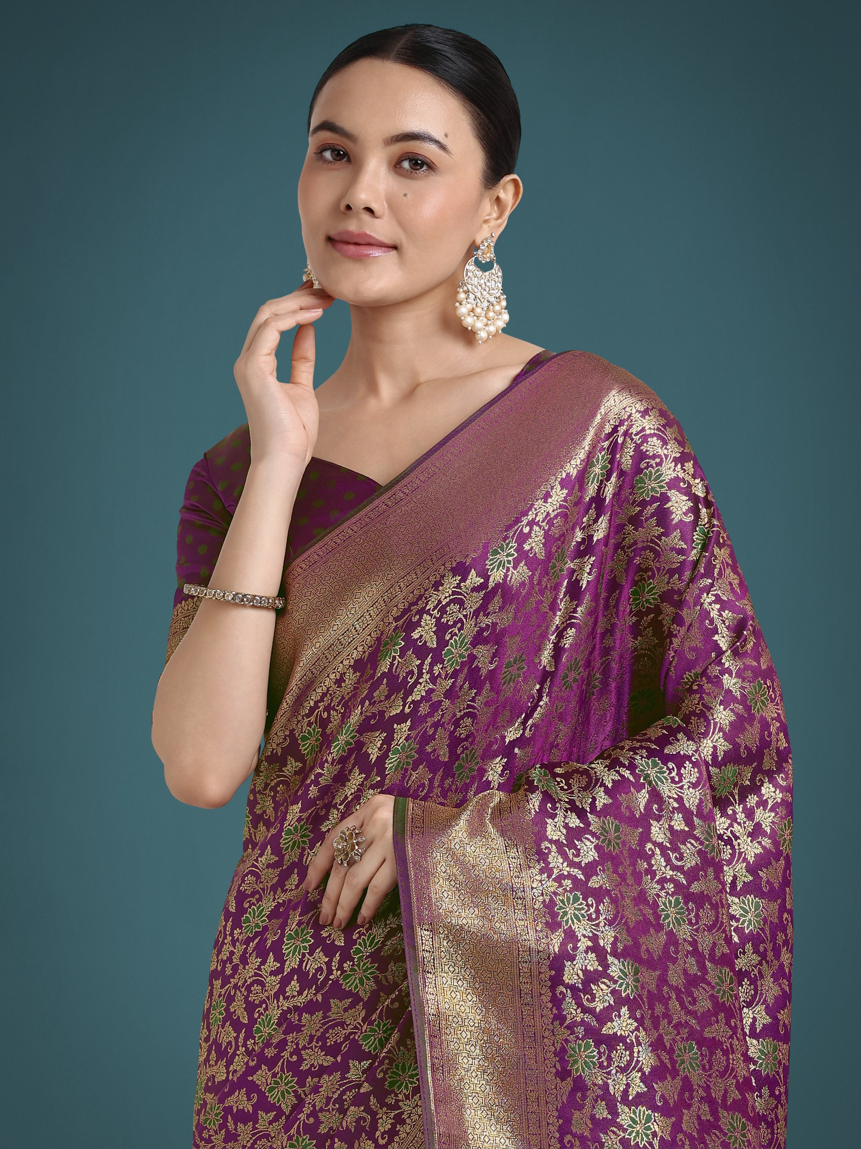 Monjolika Fashion Scintilla Purple Banarasi Satin Silk Meenakari zari weaving Pattern Saree