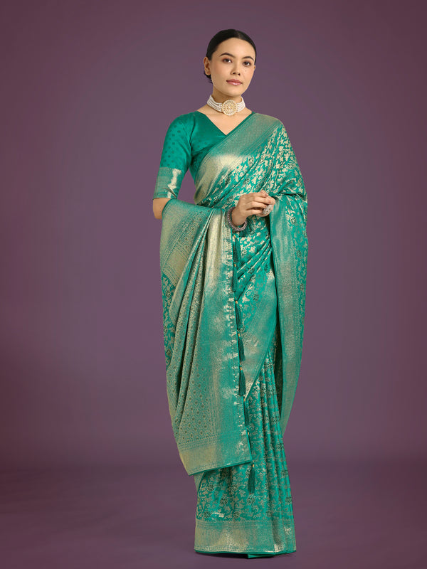 Monjolika Fashion Scintilla Turquoise Banarasi Satin Silk Meenakari zari weaving Pattern Saree