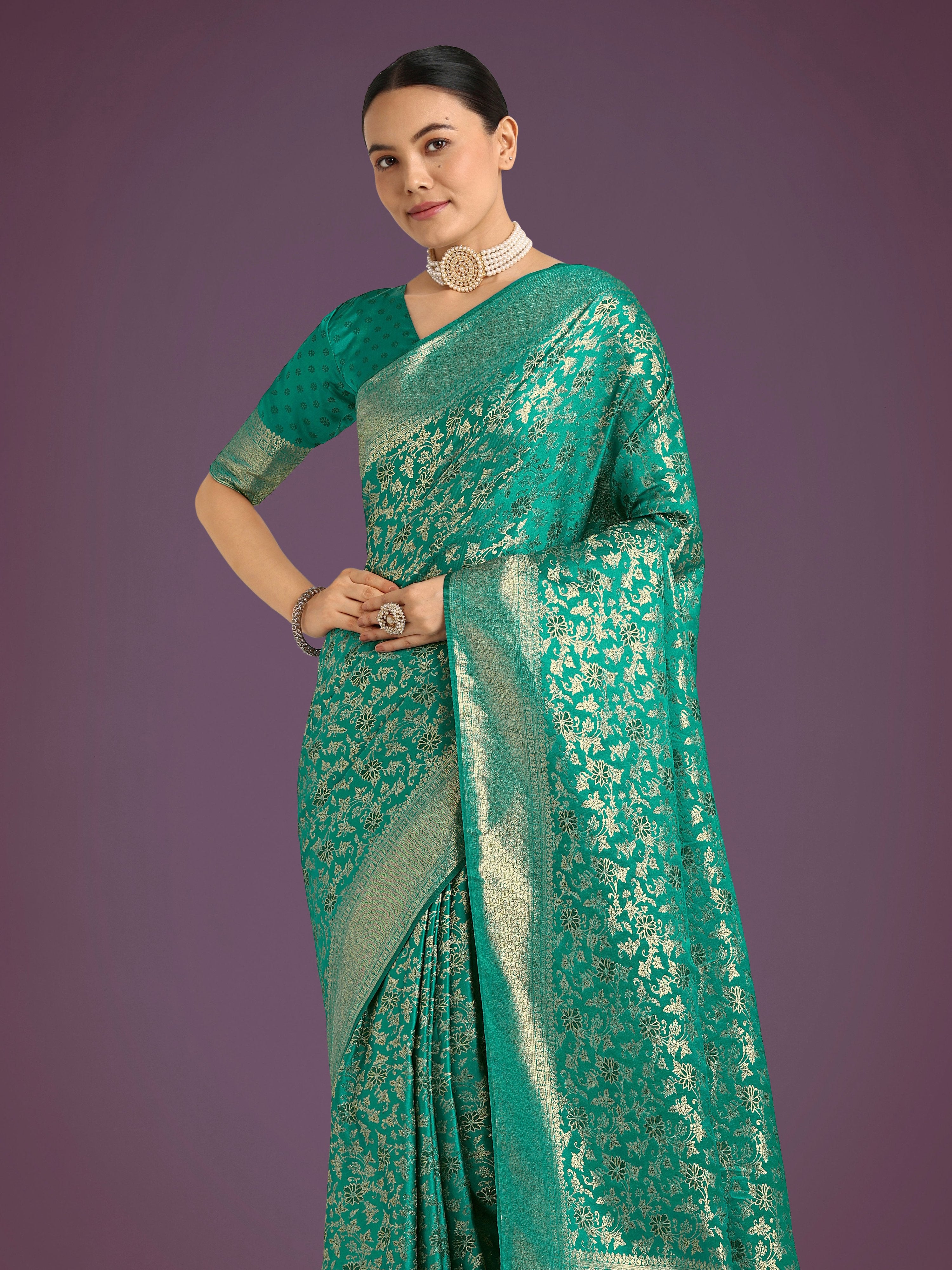 Monjolika Fashion Scintilla Turquoise Banarasi Satin Silk Meenakari zari weaving Pattern Saree