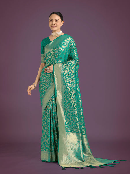 Monjolika Fashion Scintilla Turquoise Banarasi Satin Silk Meenakari zari weaving Pattern Saree