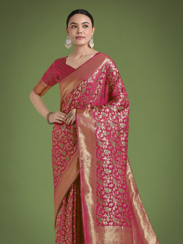 Monjolika Fashion Scintilla Magenta Banarasi Satin Silk Meenakari zari weaving Pattern Saree