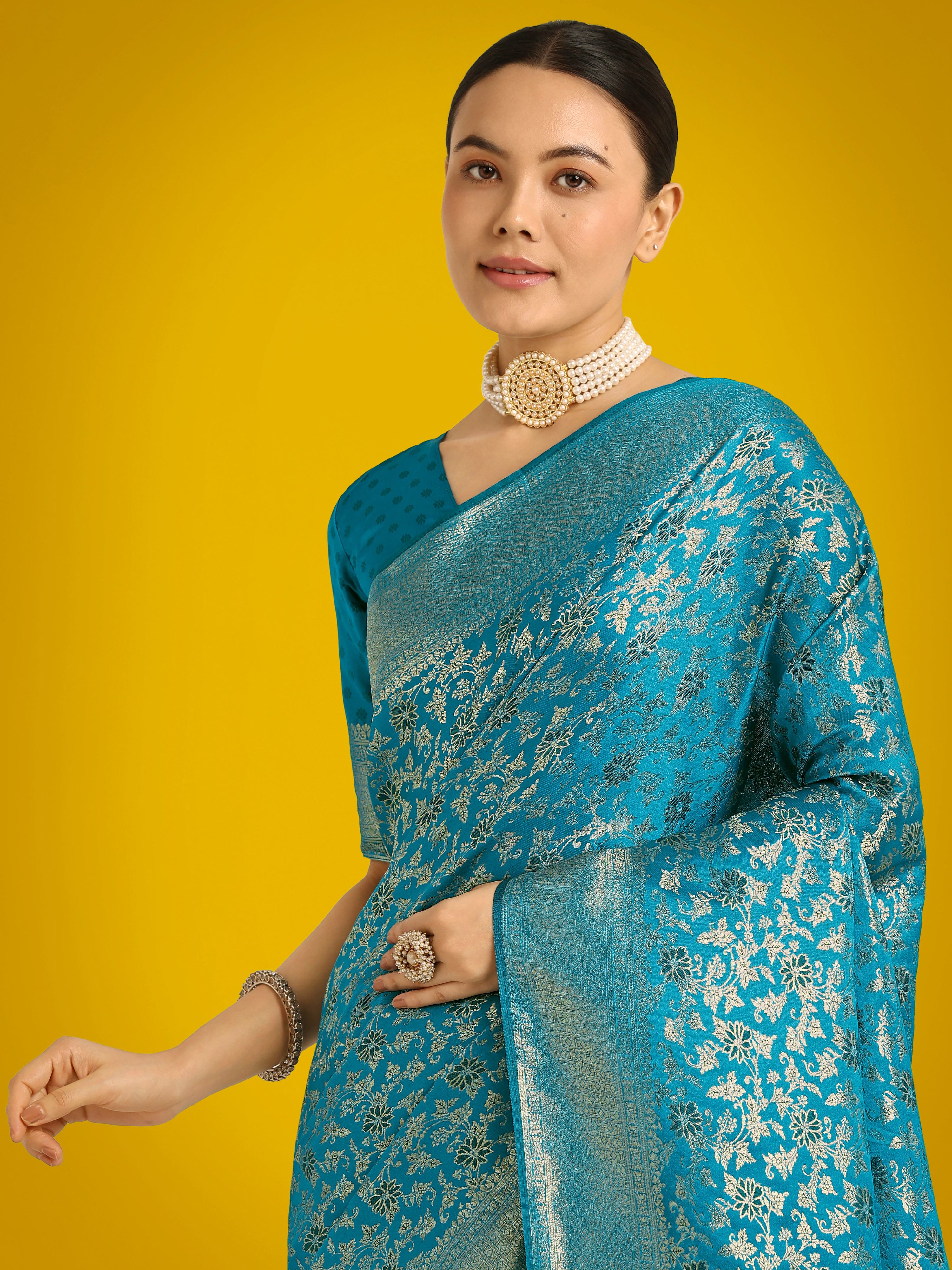 Monjolika Fashion Scintilla Sky blue Banarasi Satin Silk Meenakari zari weaving Pattern Saree