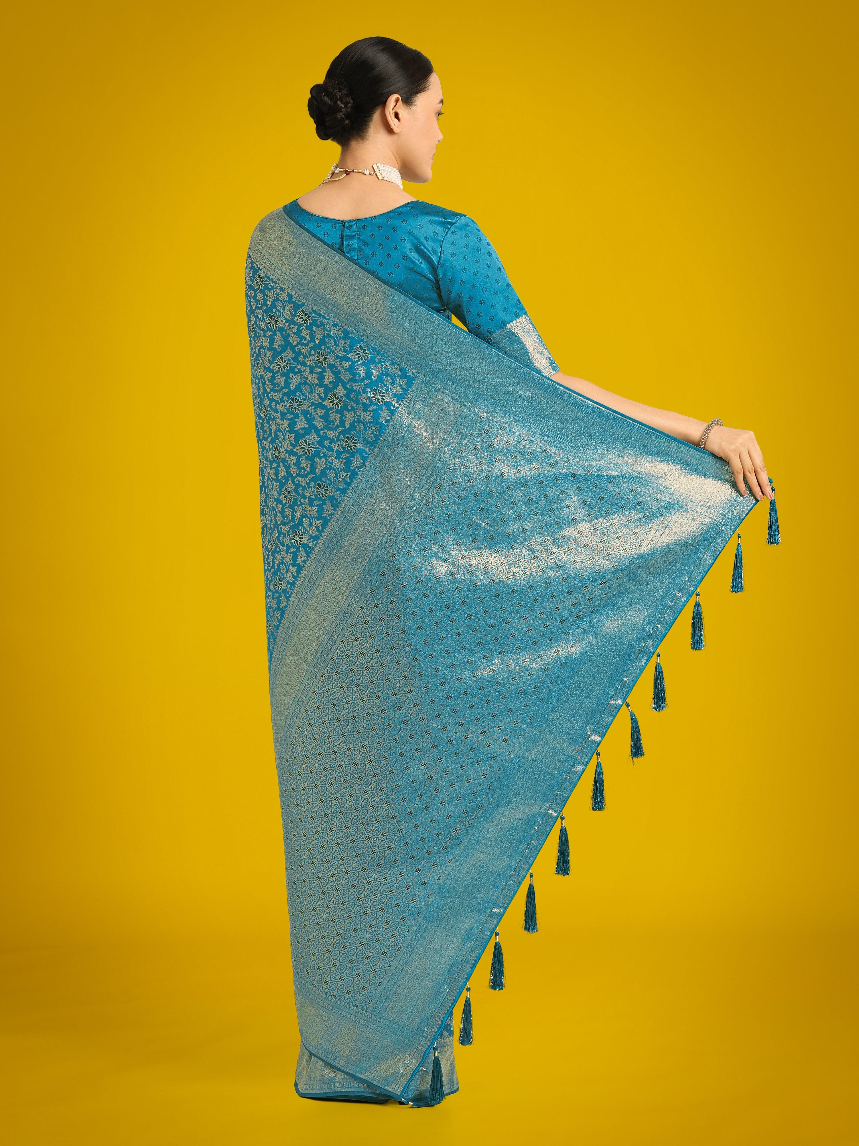 Monjolika Fashion Scintilla Sky blue Banarasi Satin Silk Meenakari zari weaving Pattern Saree