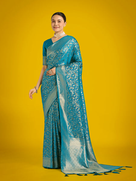Monjolika Fashion Scintilla Sky blue Banarasi Satin Silk Meenakari zari weaving Pattern Saree