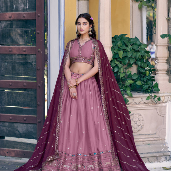 Lorenvalley Fashion Pink Star Georgette Zari, Sequins & Resham Embroidery With Butti And Arca Detailing Lehenga Choli with Dupatta - Dista