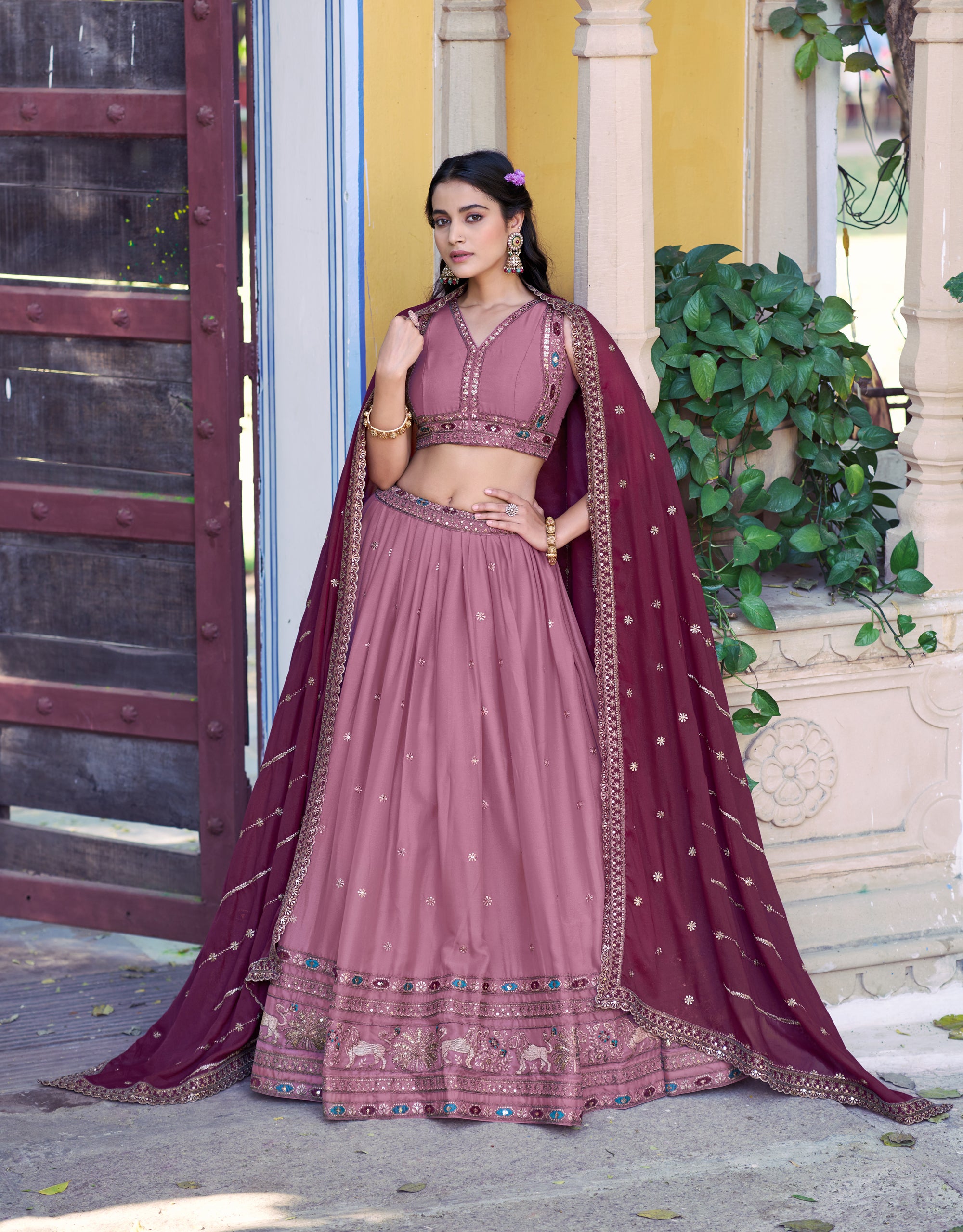 Lorenvalley Fashion Pink Star Georgette Zari, Sequins & Resham Embroidery With Butti And Arca Detailing Lehenga Choli with Dupatta - Dista