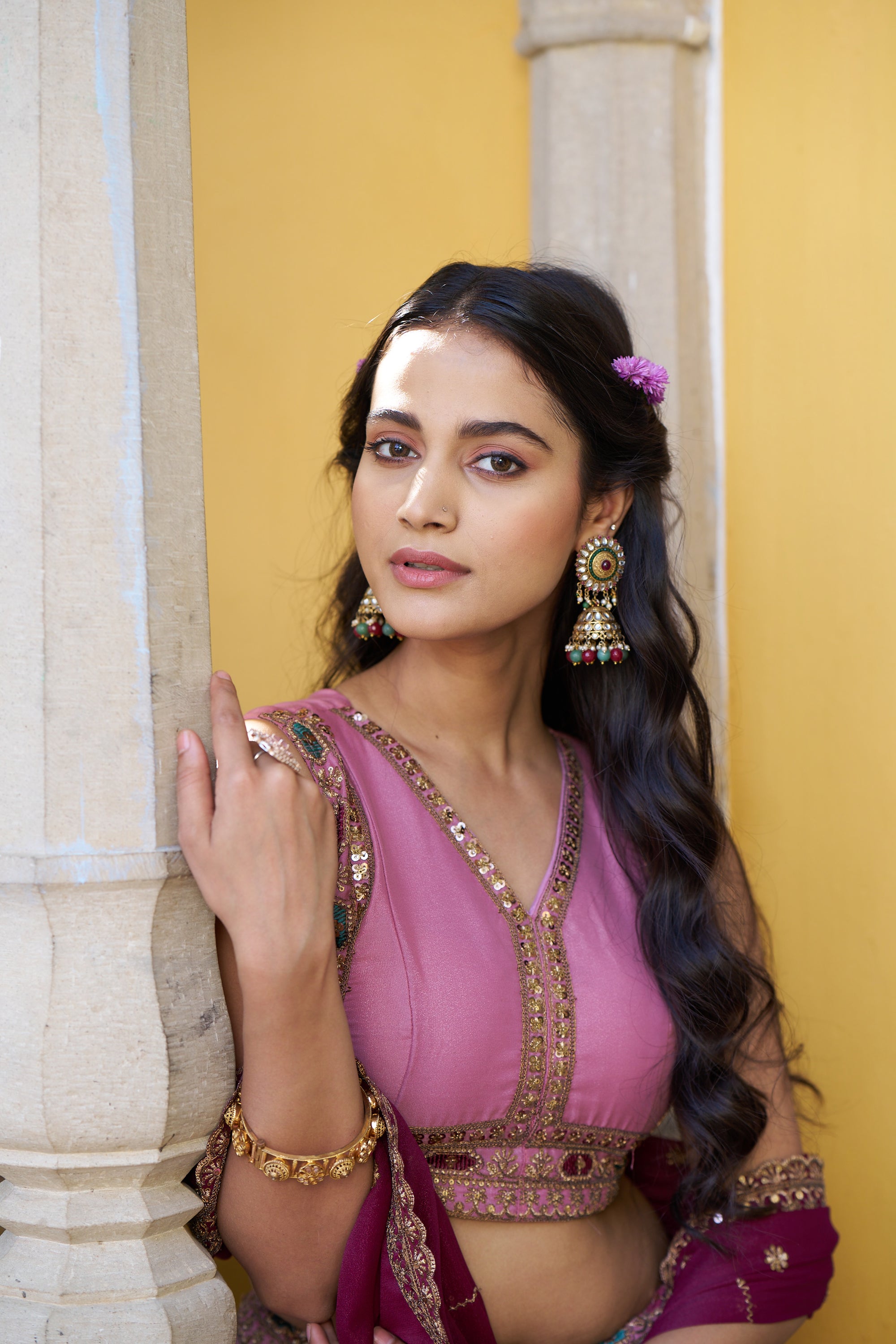 Lorenvalley Fashion Pink Star Georgette Zari, Sequins & Resham Embroidery With Butti And Arca Detailing Lehenga Choli with Dupatta - Dista