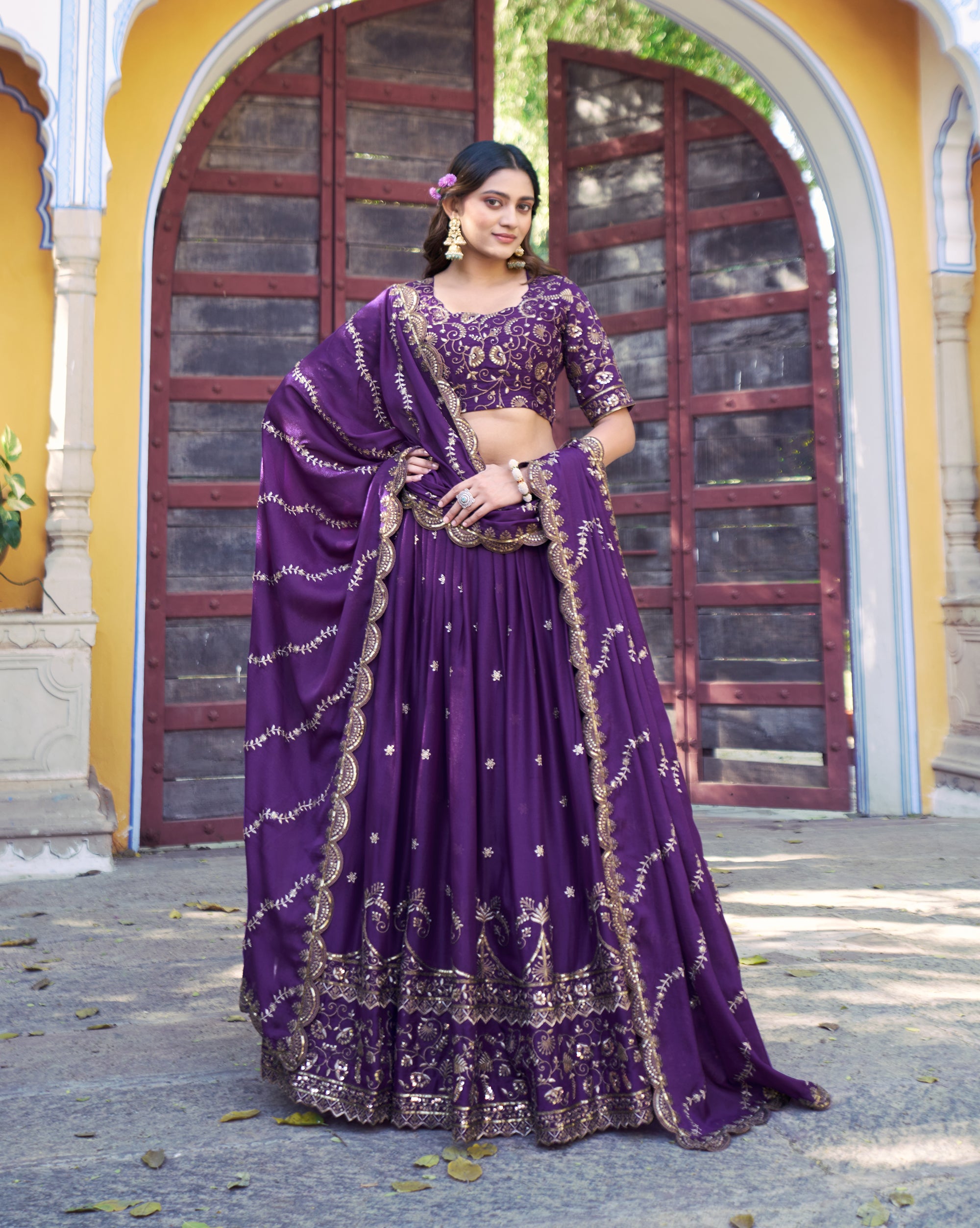 Lorenvalley Fashion Purple Star Georgette Zari, Sequins & Resham Embroidery With Butti And Arca Detailing Lehenga Choli with Dupatta - Dista