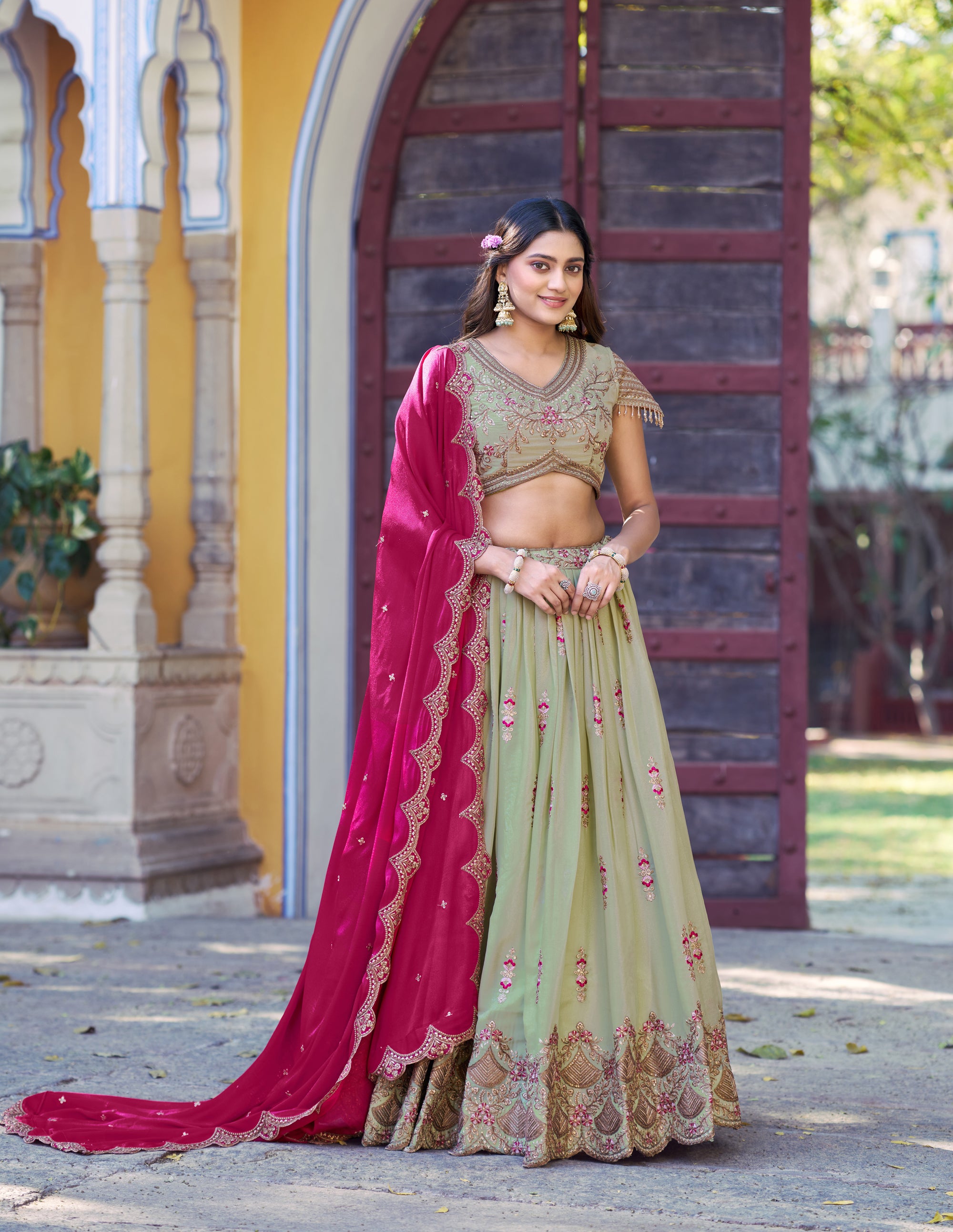 Lorenvalley Fashion Pista Star Georgette Zari, Sequins & Resham Embroidery With Butti And Arca Detailing Lehenga Choli with Dupatta - Dista