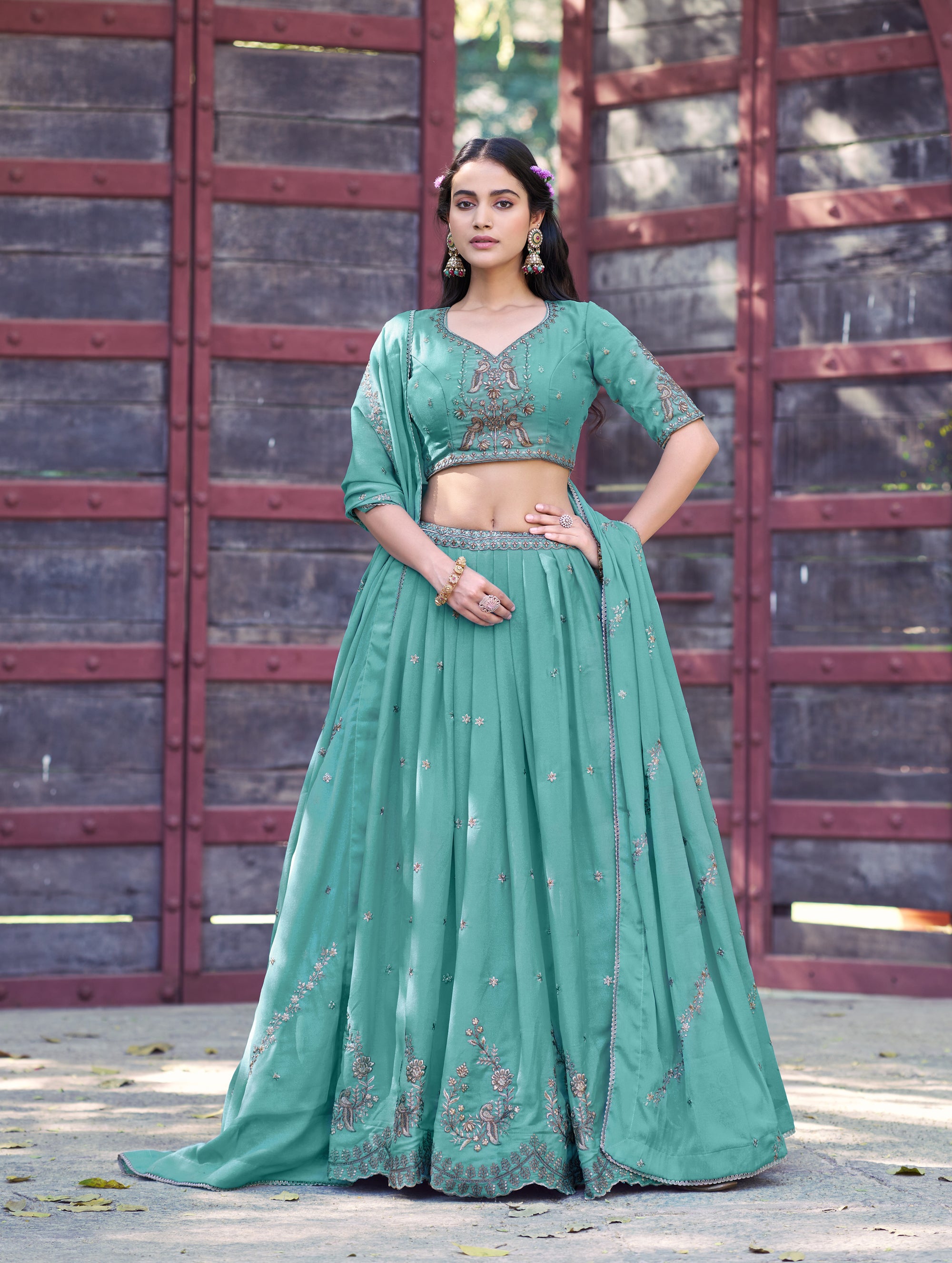 Lorenvalley Fashion Skyblue Star Georgette Zari, Sequins & Resham Embroidery With Butti And Arca Detailing Lehenga Choli with Dupatta - Dista