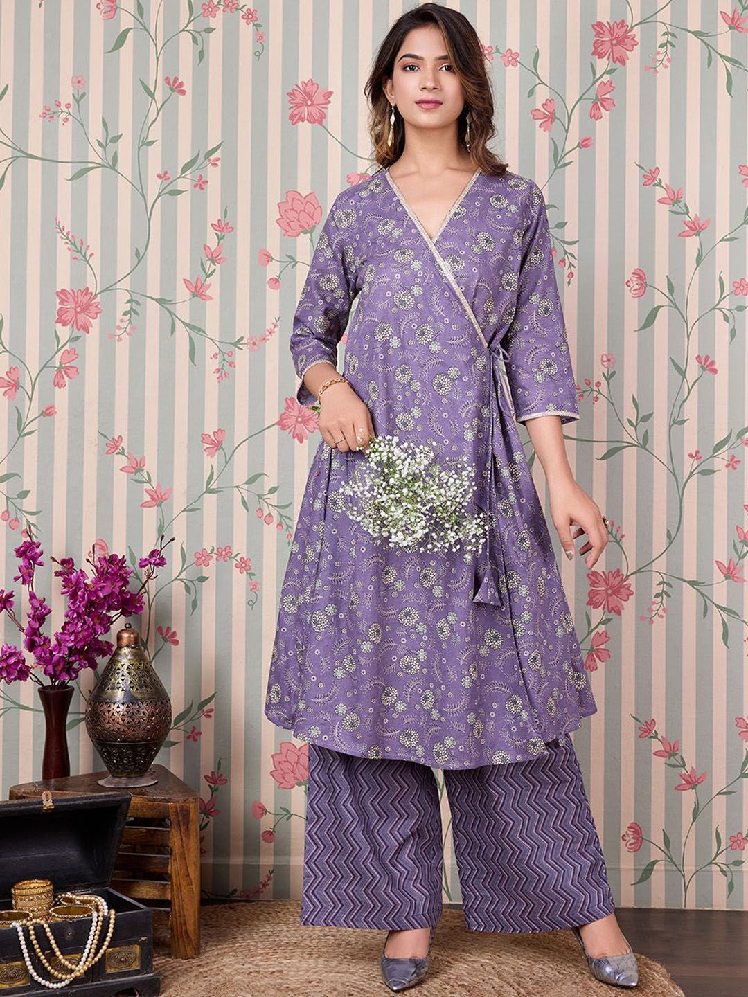Ode by House of Pataudi Floral Printed Angrakha Gotta Patti Pure Cotton Kurta Set - Distacart