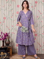 Thumbnail for Ode by House of Pataudi Floral Printed Angrakha Gotta Patti Pure Cotton Kurta Set - Distacart