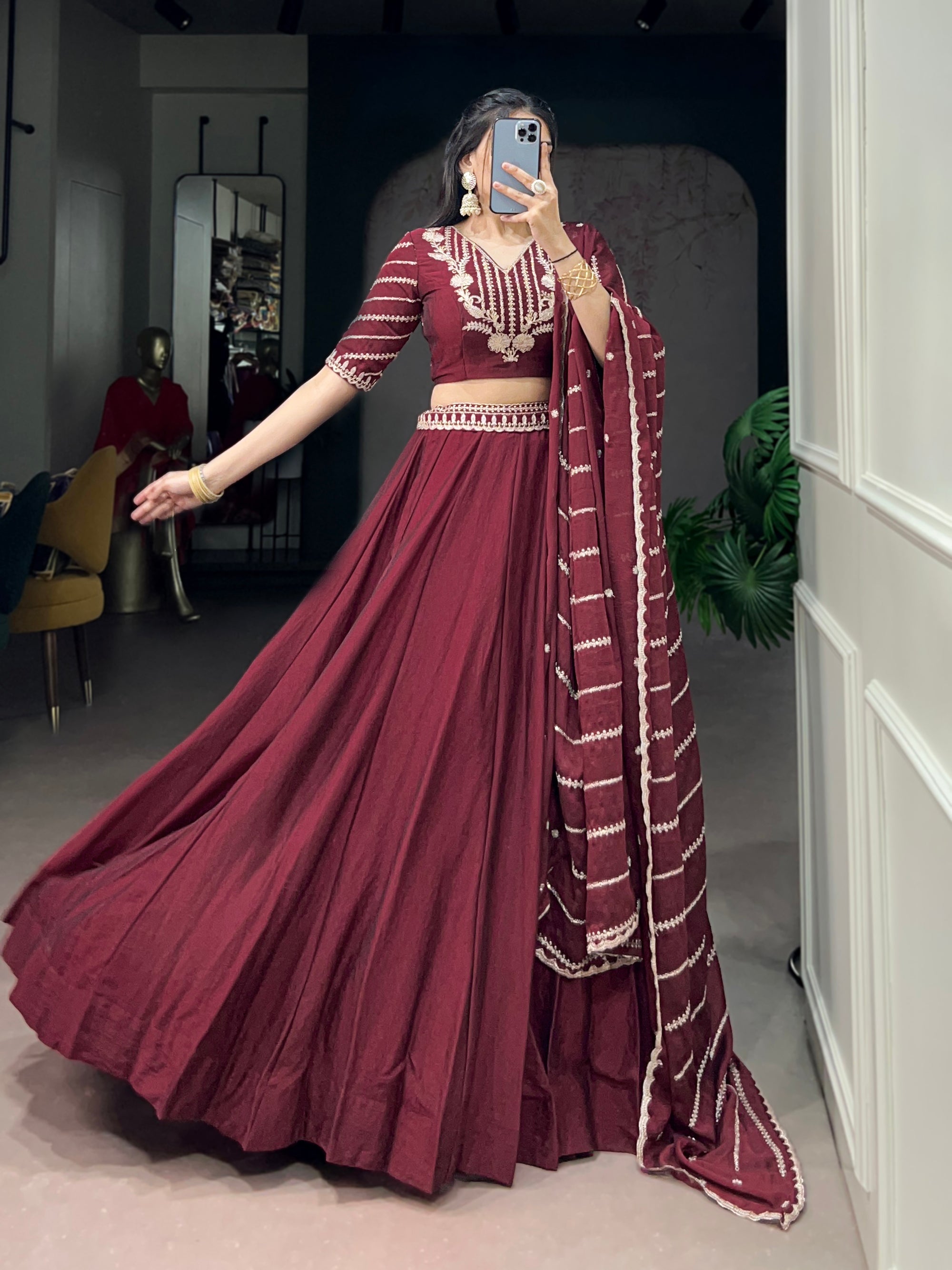 Lorenvalley Fashion Maroon Rangoli Crush Sequins and Thread Embroidery Work Belt Lehenga Choli with Dupatta - Dista
