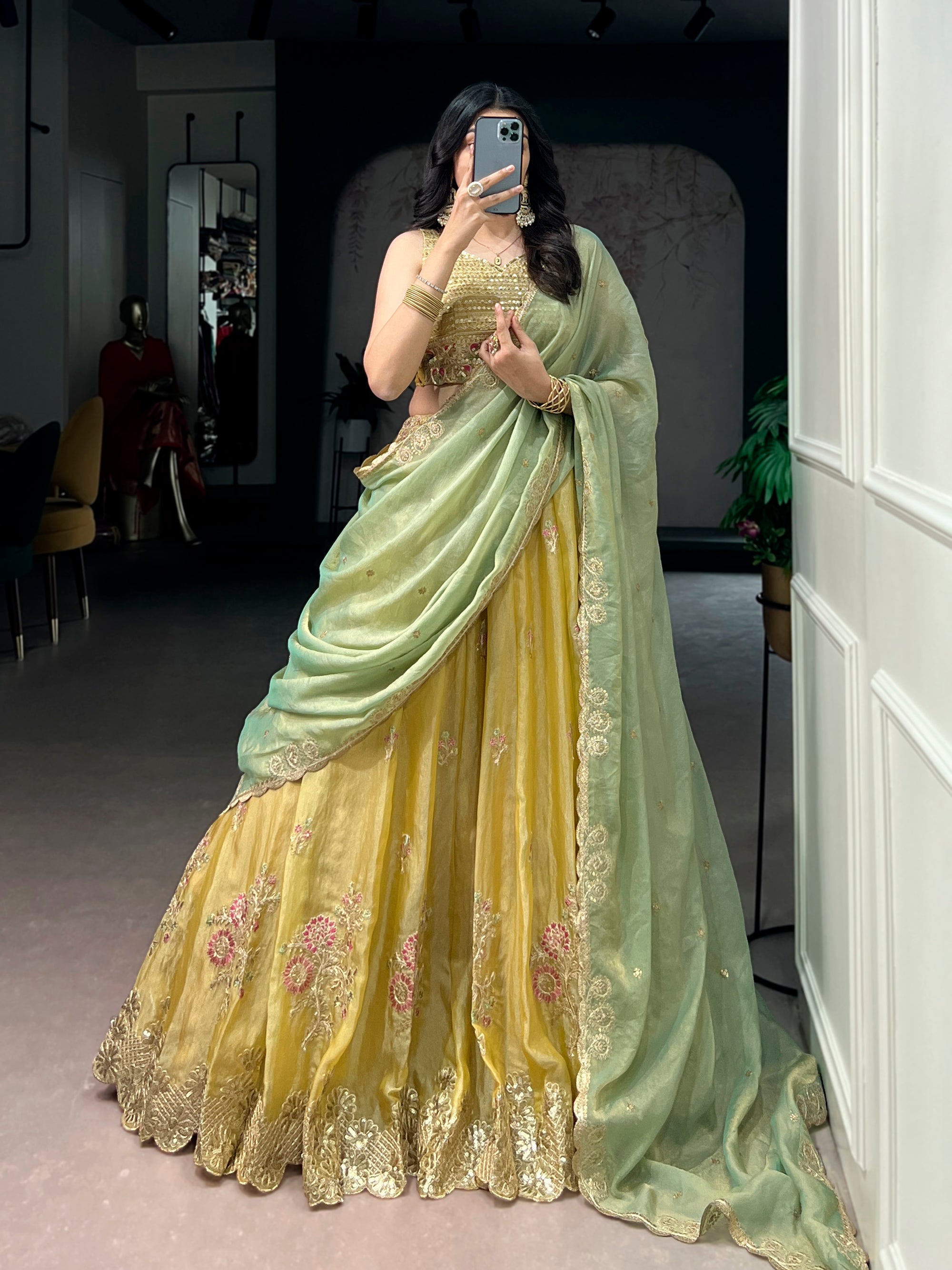 Lorenvalley Fashion Yellow NC Moss Silk Sequins and Thread Embroidery Work Lehenga Choli with Dupatta - Dista