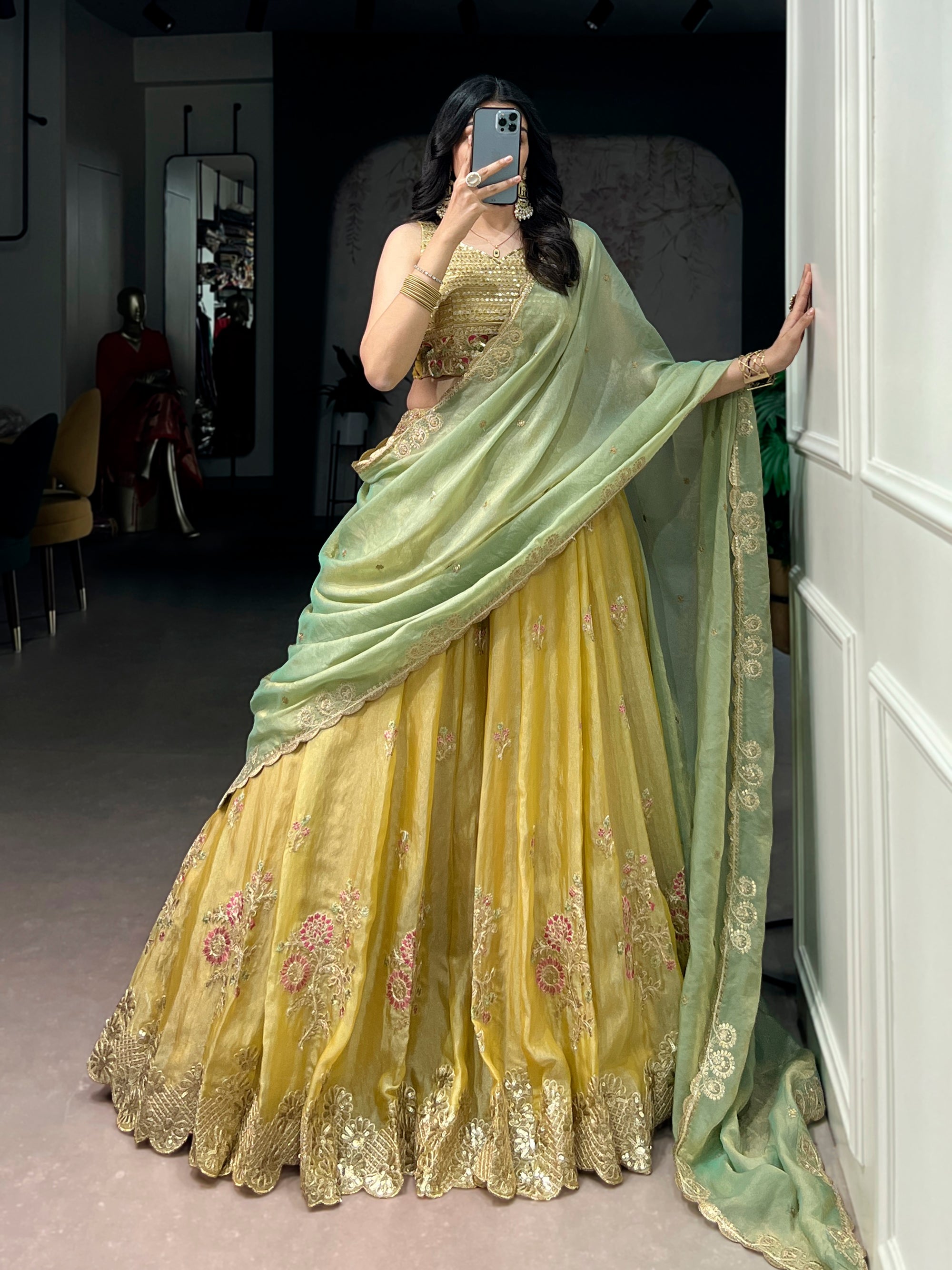 Lorenvalley Fashion Yellow NC Moss Silk Sequins and Thread Embroidery Work Lehenga Choli with Dupatta - Dista