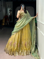 Thumbnail for Lorenvalley Fashion Yellow NC Moss Silk Sequins and Thread Embroidery Work Lehenga Choli with Dupatta - Dista