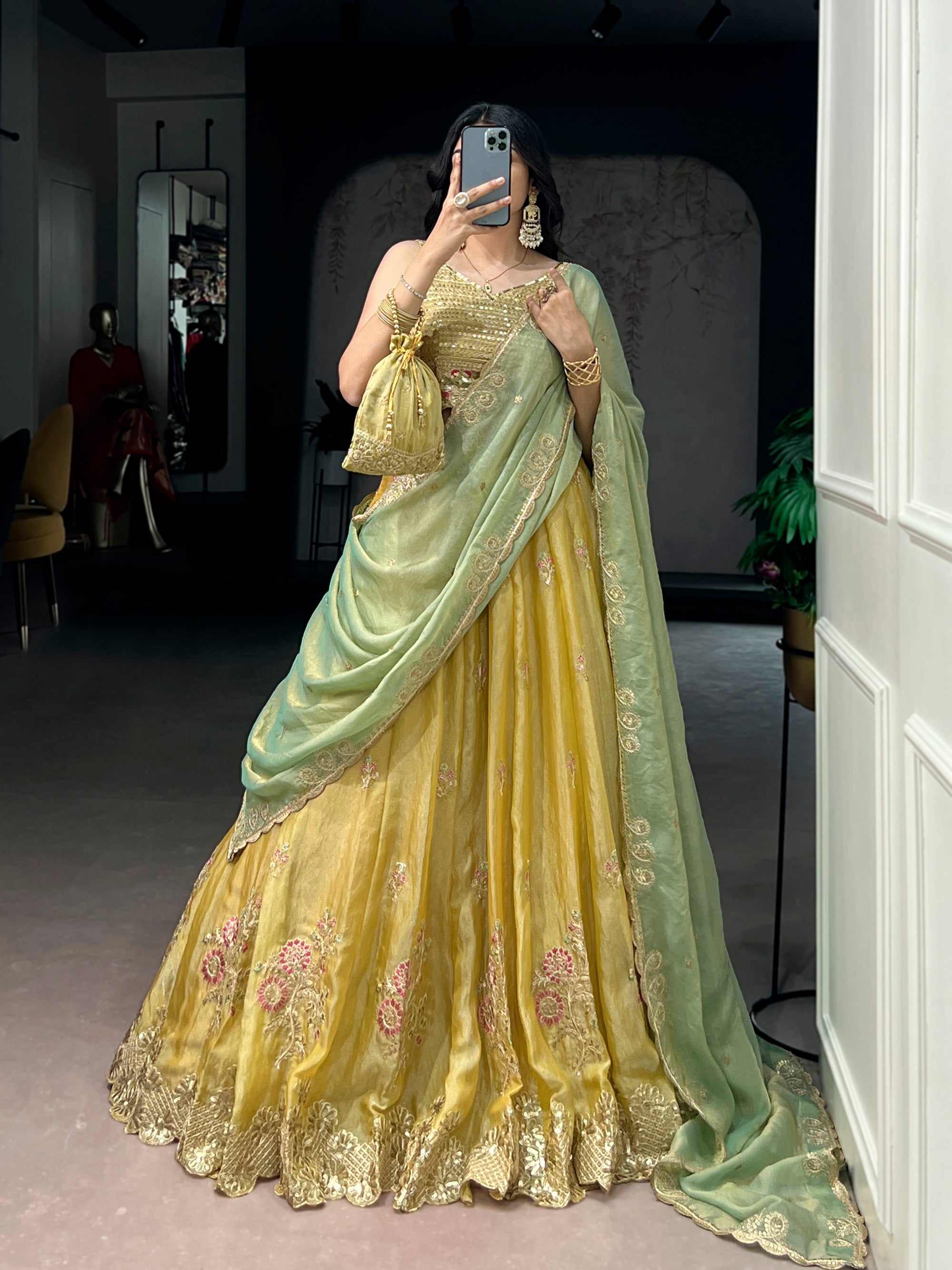 Lorenvalley Fashion Yellow NC Moss Silk Sequins and Thread Embroidery Work Lehenga Choli with Dupatta - Dista