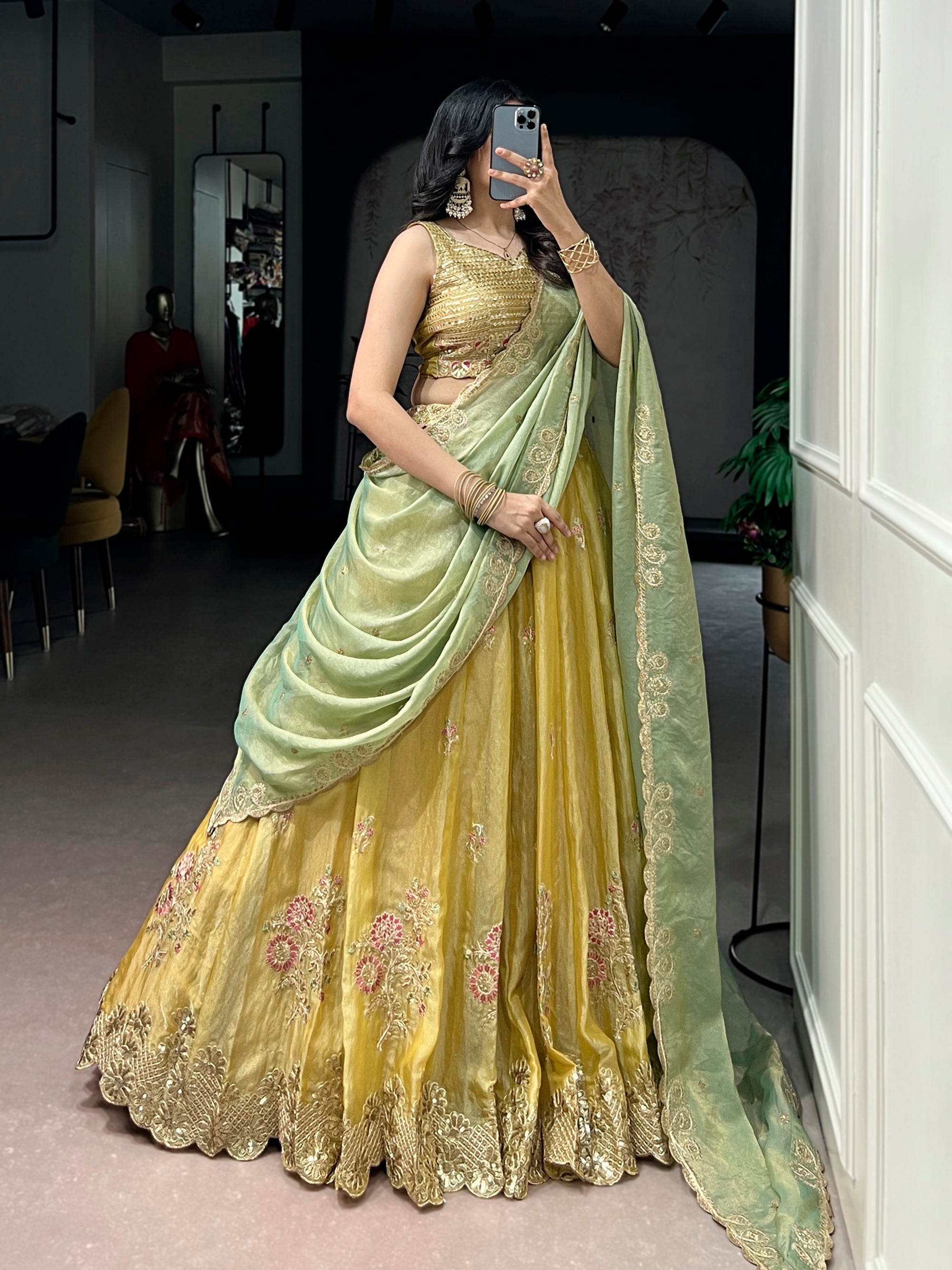 Lorenvalley Fashion Yellow NC Moss Silk Sequins and Thread Embroidery Work Lehenga Choli with Dupatta - Dista