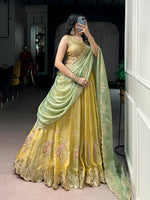 Thumbnail for Lorenvalley Fashion Yellow NC Moss Silk Sequins and Thread Embroidery Work Lehenga Choli with Dupatta - Dista