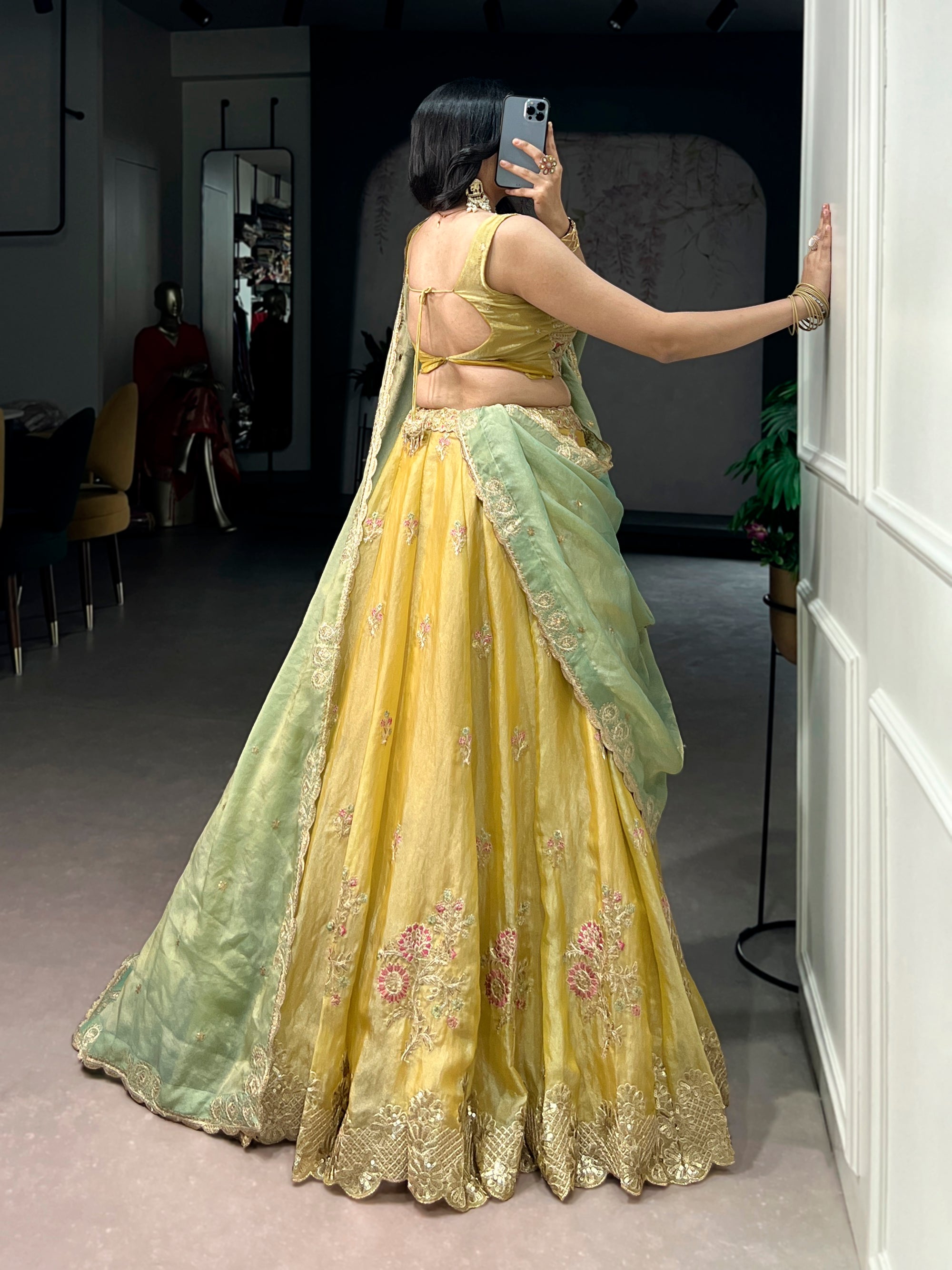 Lorenvalley Fashion Yellow NC Moss Silk Sequins and Thread Embroidery Work Lehenga Choli with Dupatta - Dista