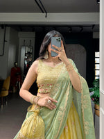 Thumbnail for Lorenvalley Fashion Yellow NC Moss Silk Sequins and Thread Embroidery Work Lehenga Choli with Dupatta - Dista