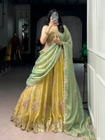 Thumbnail for Lorenvalley Fashion Yellow NC Moss Silk Sequins and Thread Embroidery Work Lehenga Choli with Dupatta - Dista