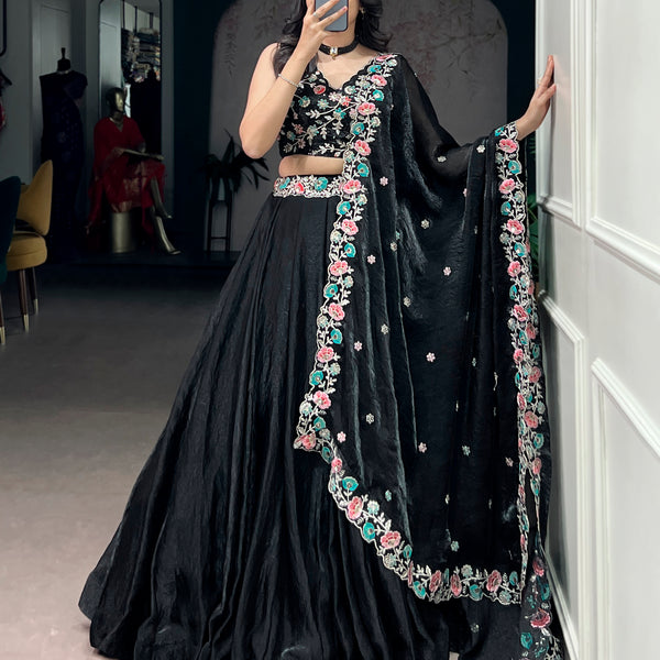 Lorenvalley Fashion Black Fendy Satin Sequins and Thread Embroidery Work Belt Lehenga Choli with Dupatta - Distacart