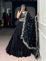 Thumbnail for Lorenvalley Fashion Black Fendy Satin Sequins and Thread Embroidery Work Belt Lehenga Choli with Dupatta - Distacart