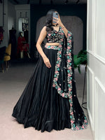 Thumbnail for Lorenvalley Fashion Black Fendy Satin Sequins and Thread Embroidery Work Belt Lehenga Choli with Dupatta - Distacart