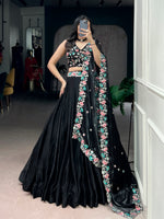 Thumbnail for Lorenvalley Fashion Black Fendy Satin Sequins and Thread Embroidery Work Belt Lehenga Choli with Dupatta - Distacart