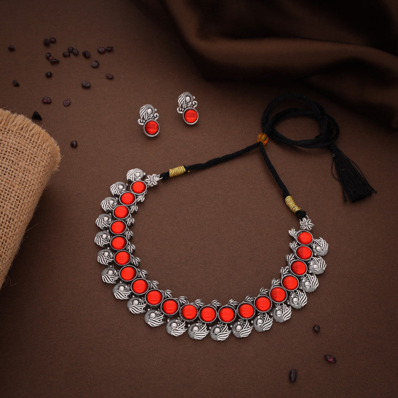 Tehzeeb Creations Silver Plated Orange Colour Stone Jewellery Choker Necklace Set With Matching Pair of Stud Earrings - Distacart
