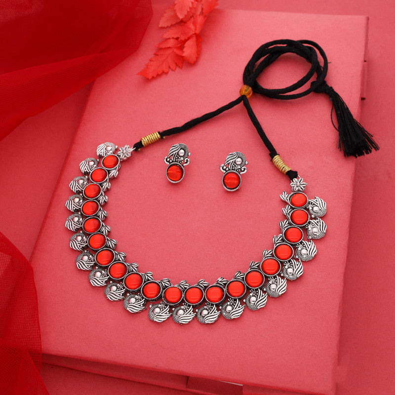 Tehzeeb Creations Silver Plated Orange Colour Stone Jewellery Choker Necklace Set With Matching Pair of Stud Earrings - Distacart