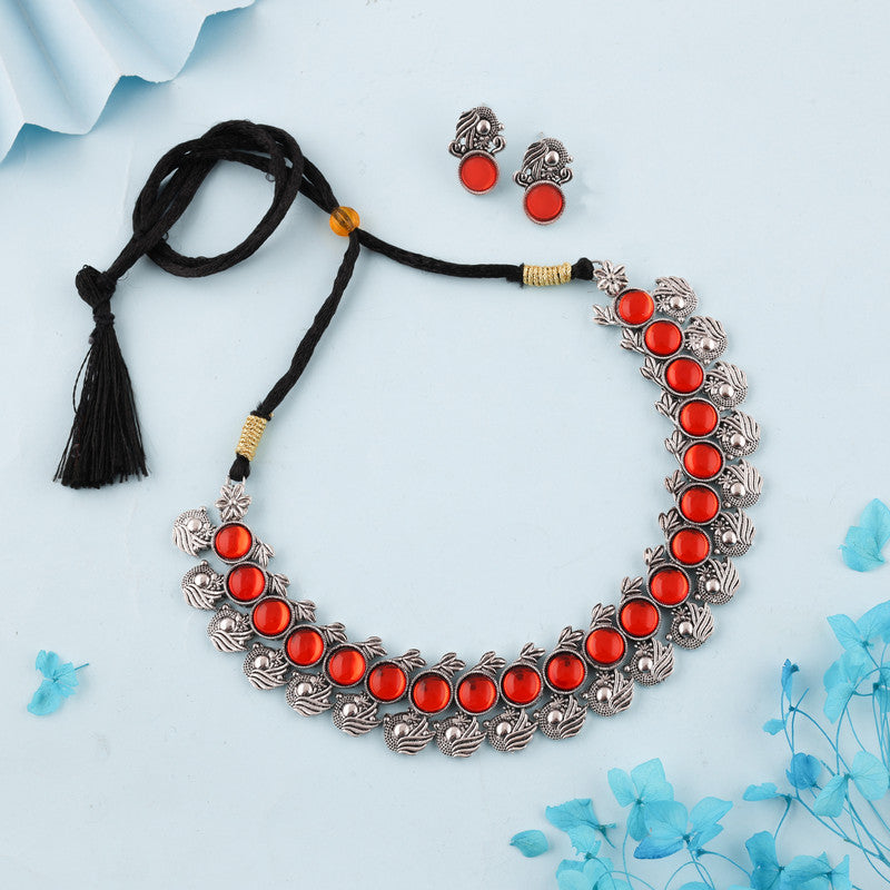 Tehzeeb Creations Silver Plated Orange Colour Stone Jewellery Choker Necklace Set With Matching Pair of Stud Earrings - Distacart