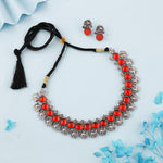 Thumbnail for Tehzeeb Creations Silver Plated Orange Colour Stone Jewellery Choker Necklace Set With Matching Pair of Stud Earrings - Distacart