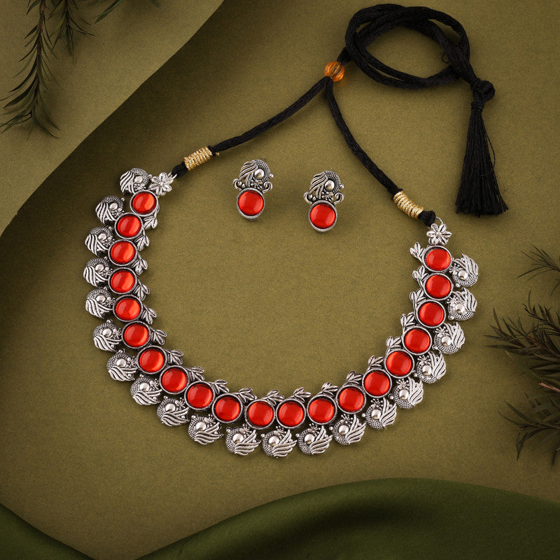 Tehzeeb Creations Silver Plated Orange Colour Stone Jewellery Choker Necklace Set With Matching Pair of Stud Earrings - Distacart